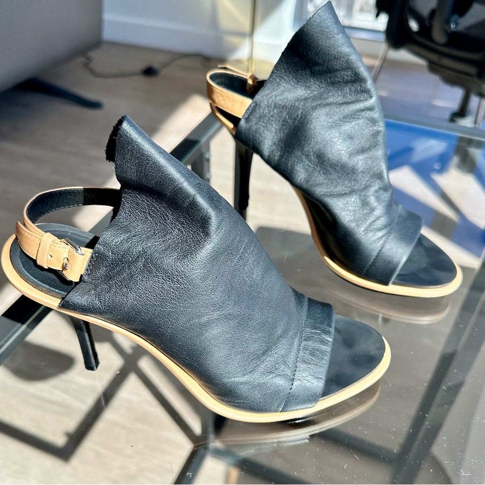 Balenciaga Black and Tan Leather Glove Stiletto Sandals
